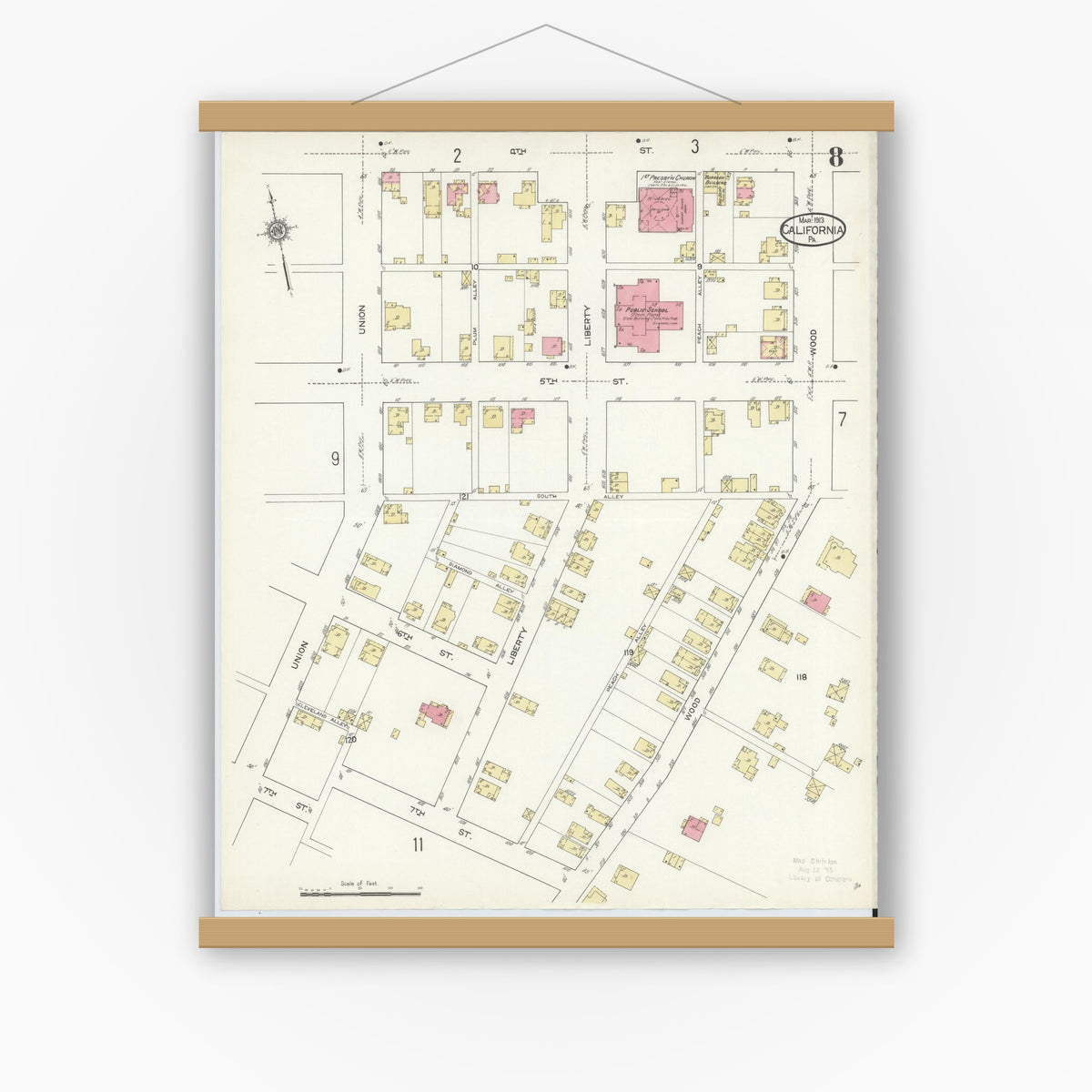 Old map wall art mockup — magnetic wood frame on white wall — Sanborn Fire Insurance Map from California, Washington County, Pennsylvania (1913), Sheet #0008