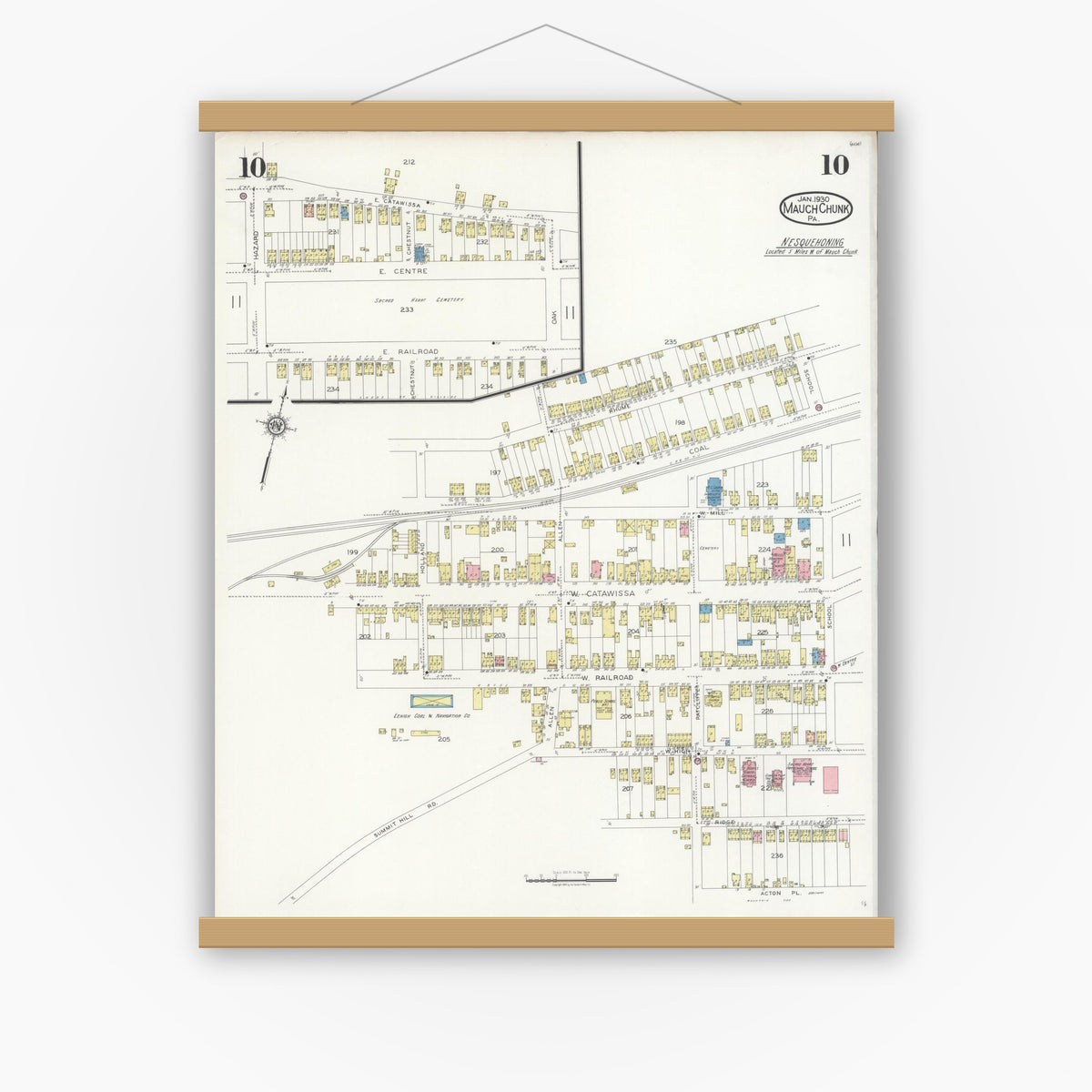 Old map wall art mockup — magnetic wood frame on white wall — Sanborn Fire Insurance Map from Mauch Chunk, Carbon County, Pennsylvania (1930), Sheet #0010