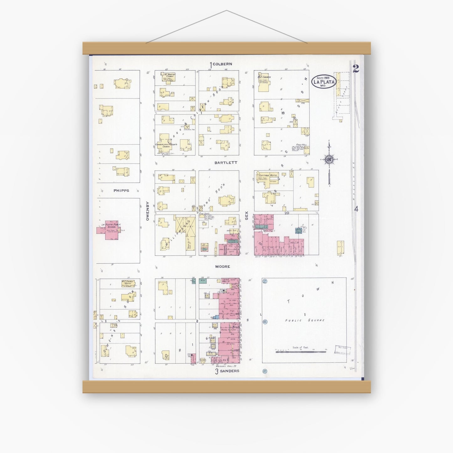 Old map wall art mockup — magnetic wood frame on white wall — Sanborn Fire Insurance Map from La Plata, Macon County, Missouri (1909), Sheet #0002