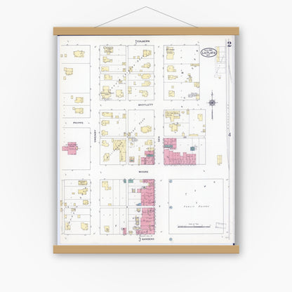 Old map wall art mockup — magnetic wood frame on white wall — Sanborn Fire Insurance Map from La Plata, Macon County, Missouri (1909), Sheet #0002