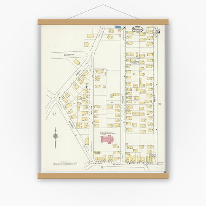 Old map wall art mockup — magnetic wood frame on white wall — Sanborn Fire Insurance Map from Methuen, Essex County, Massachusetts (1919), Sheet #0015