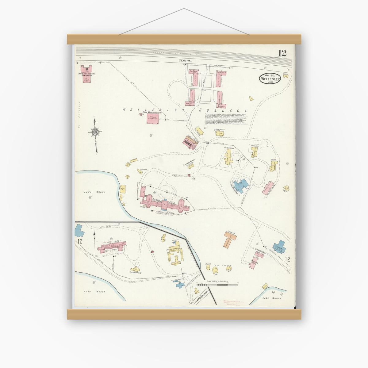 Old map wall art mockup — magnetic wood frame on white wall — Sanborn Fire Insurance Map from Wellesley, Norfolk County, Massachusetts (1912), Sheet #0012