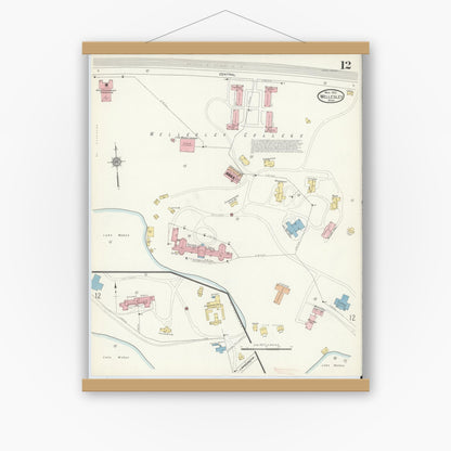 Old map wall art mockup — magnetic wood frame on white wall — Sanborn Fire Insurance Map from Wellesley, Norfolk County, Massachusetts (1912), Sheet #0012