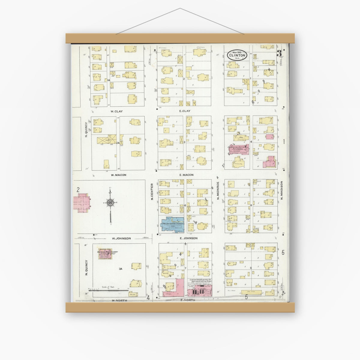 Old map wall art mockup — magnetic wood frame on white wall — Sanborn Fire Insurance Map from Clinton, De Witt County, Illinois (1910), Sheet #0003