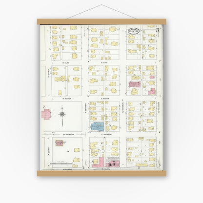 Old map wall art mockup — magnetic wood frame on white wall — Sanborn Fire Insurance Map from Clinton, De Witt County, Illinois (1910), Sheet #0003