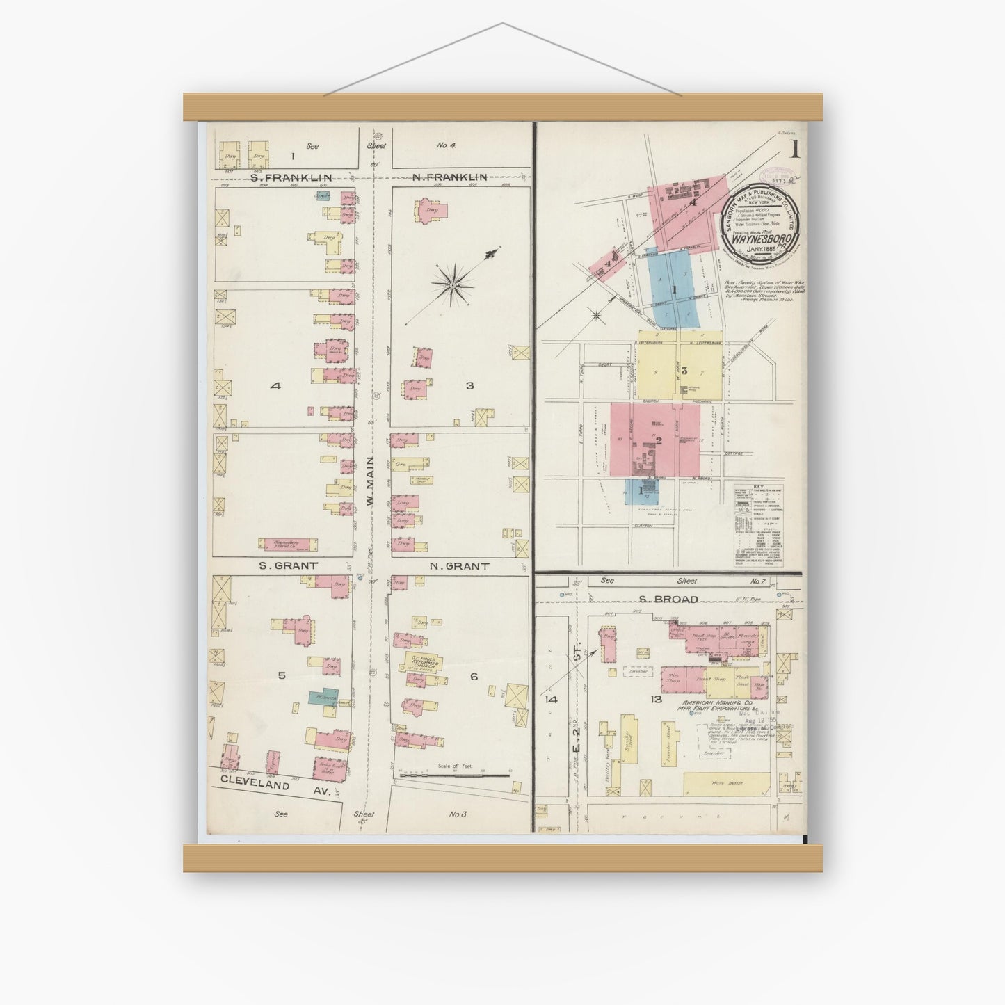 Old map wall art mockup — magnetic wood frame on white wall — Sanborn Fire Insurance Map from Waynesboro, Franklin County, Pennsylvania (1886), Sheet #0001