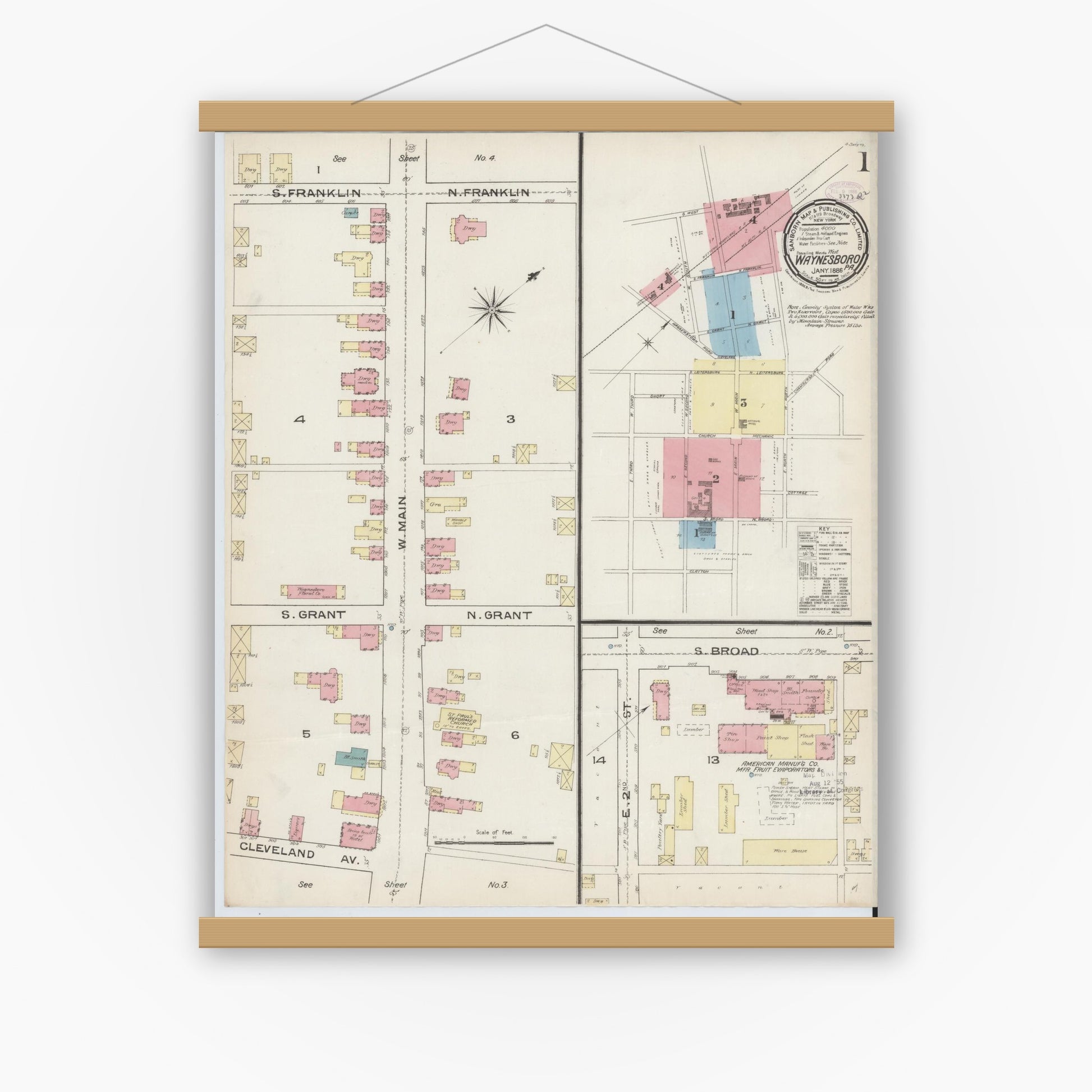 Old map wall art mockup — magnetic wood frame on white wall — Sanborn Fire Insurance Map from Waynesboro, Franklin County, Pennsylvania (1886), Sheet #0001