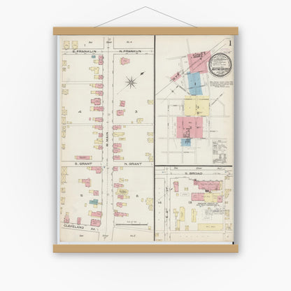 Old map wall art mockup — magnetic wood frame on white wall — Sanborn Fire Insurance Map from Waynesboro, Franklin County, Pennsylvania (1886), Sheet #0001