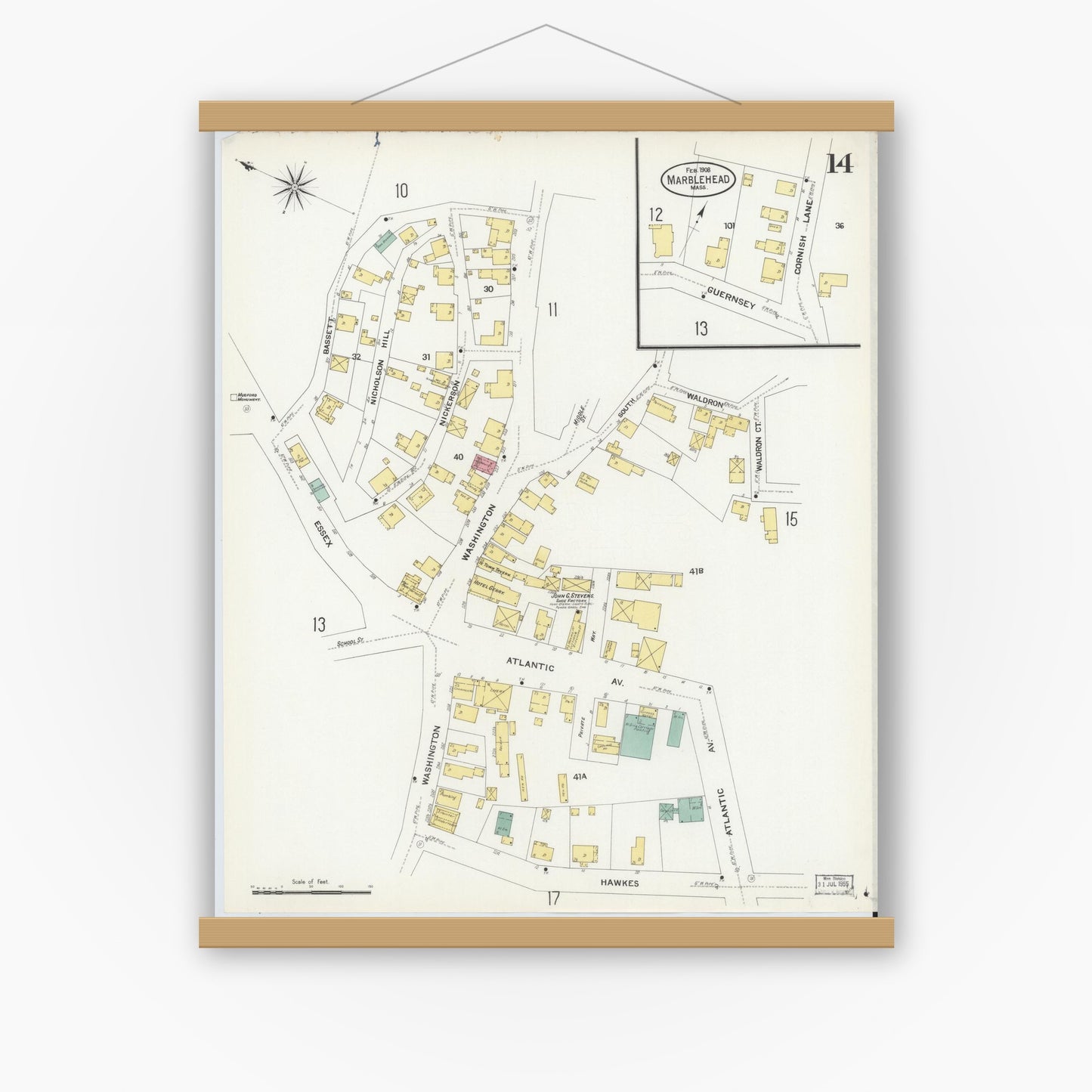 Old map wall art mockup — magnetic wood frame on white wall — Sanborn Fire Insurance Map from Marblehead, Essex County, Massachusetts (1908), Sheet #0014