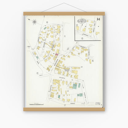 Old map wall art mockup — magnetic wood frame on white wall — Sanborn Fire Insurance Map from Marblehead, Essex County, Massachusetts (1908), Sheet #0014
