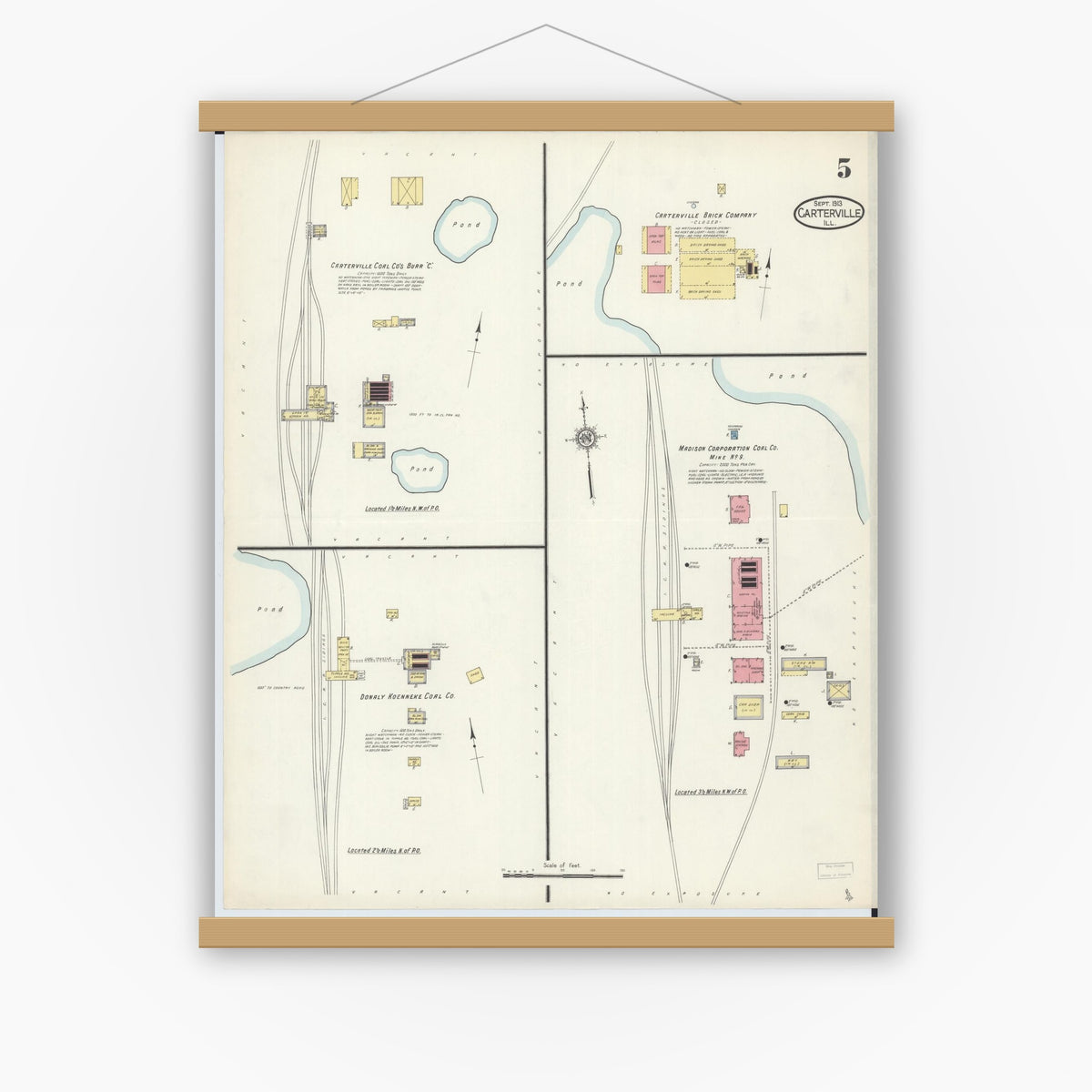 Old map wall art mockup — magnetic wood frame on white wall — Sanborn Fire Insurance Map from Carterville, Williamson County, Illinois (1913), Sheet #0005