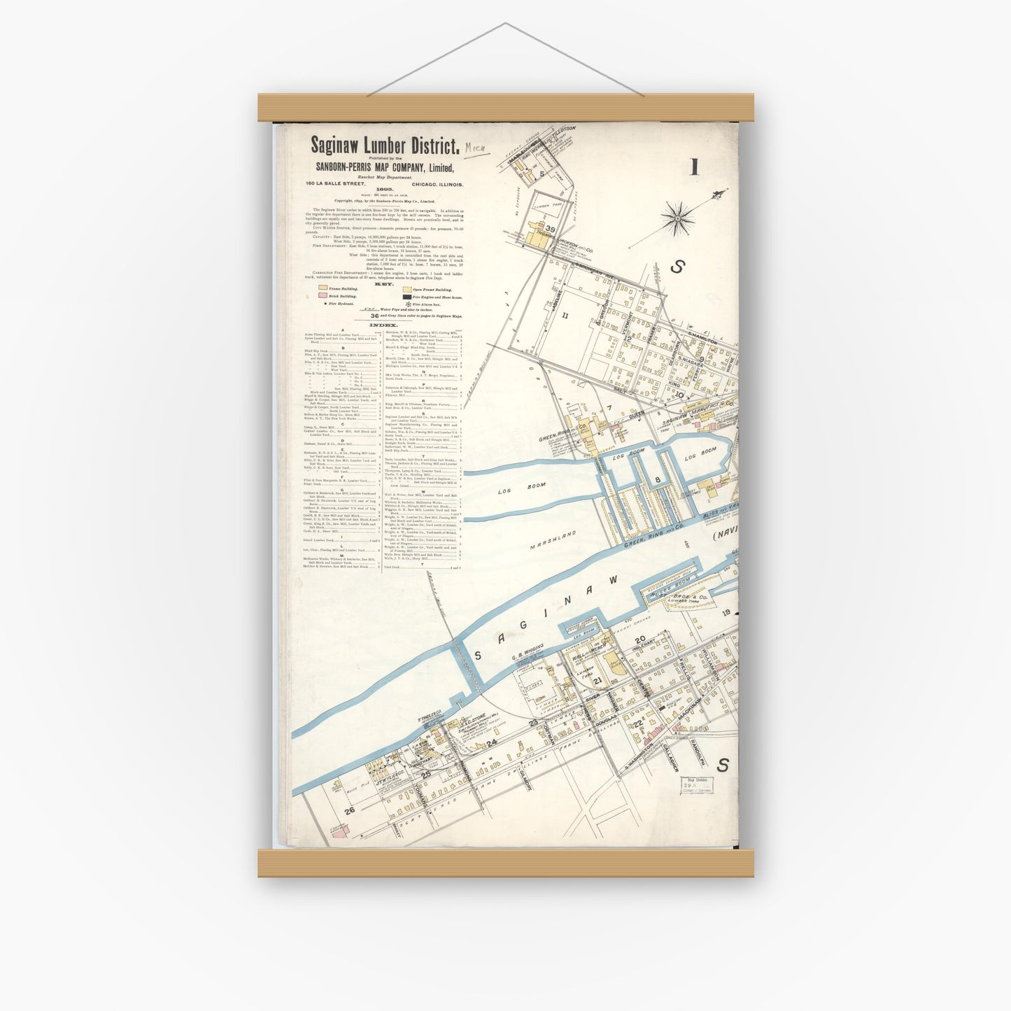 Old map wall art mockup — magnetic wood frame on white wall — Sanborn Fire Insurance Map from Saginaw, Saginaw County, Michigan (1895), Sheet #0001