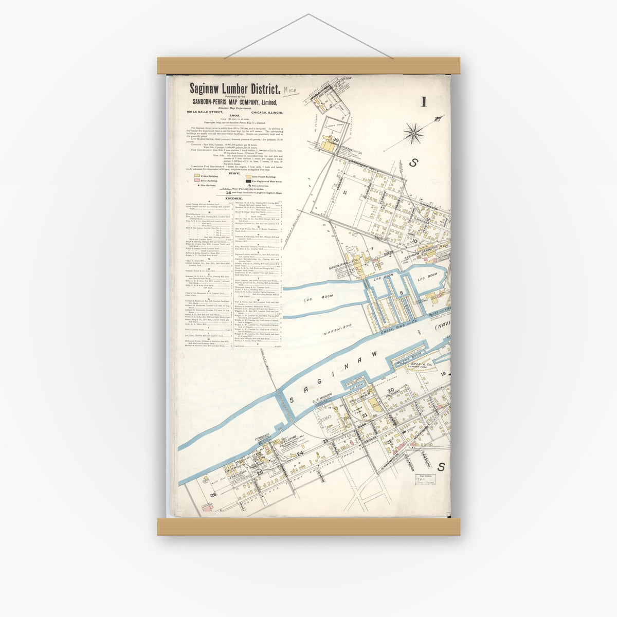 Old map wall art mockup — magnetic wood frame on white wall — Sanborn Fire Insurance Map from Saginaw, Saginaw County, Michigan (1895), Sheet #0001