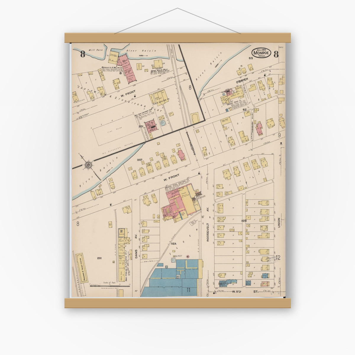 Old map wall art mockup — magnetic wood frame on white wall — Sanborn Fire Insurance Map from Monroe, Monroe County, Michigan (1922), Sheet #0008