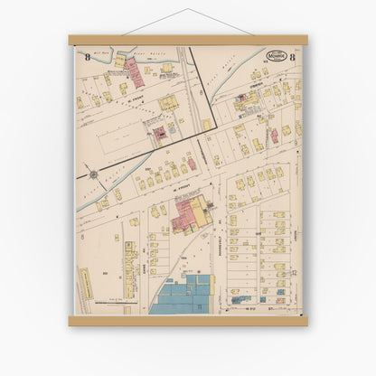 Old map wall art mockup — magnetic wood frame on white wall — Sanborn Fire Insurance Map from Monroe, Monroe County, Michigan (1922), Sheet #0008