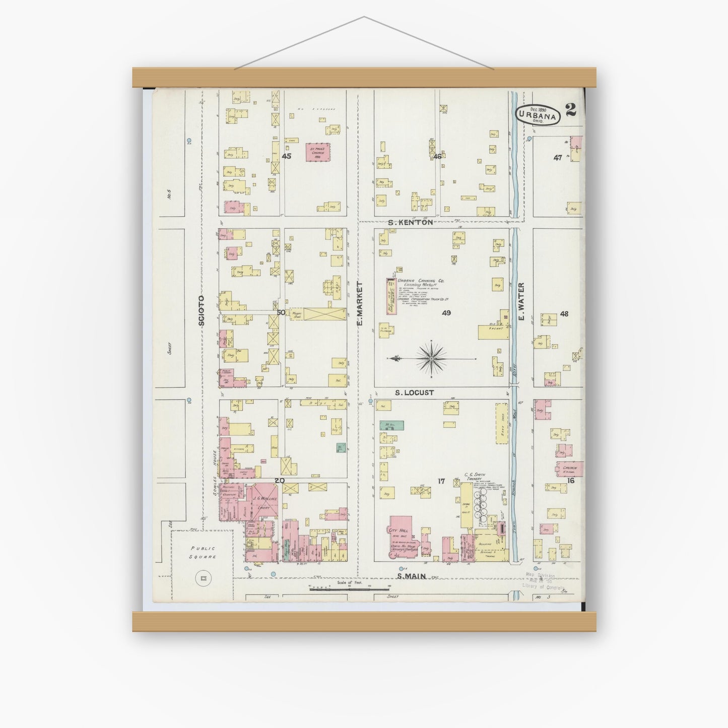 Old map wall art mockup — magnetic wood frame on white wall — Sanborn Fire Insurance Map from Urbana, Champaign County, Ohio (1890), Sheet #0002