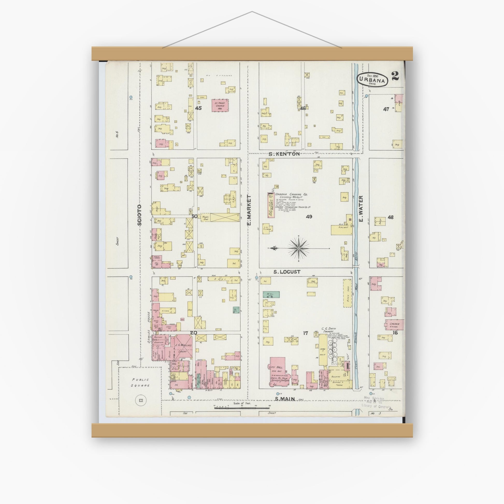 Old map wall art mockup — magnetic wood frame on white wall — Sanborn Fire Insurance Map from Urbana, Champaign County, Ohio (1890), Sheet #0002