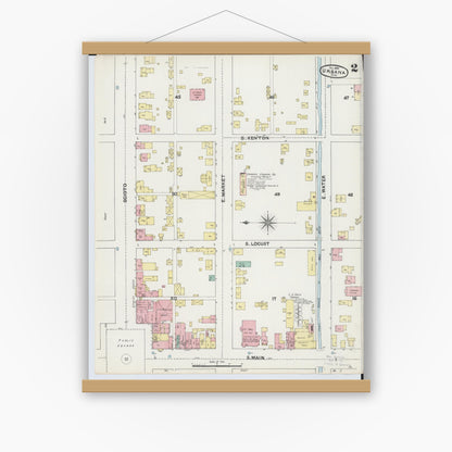 Old map wall art mockup — magnetic wood frame on white wall — Sanborn Fire Insurance Map from Urbana, Champaign County, Ohio (1890), Sheet #0002