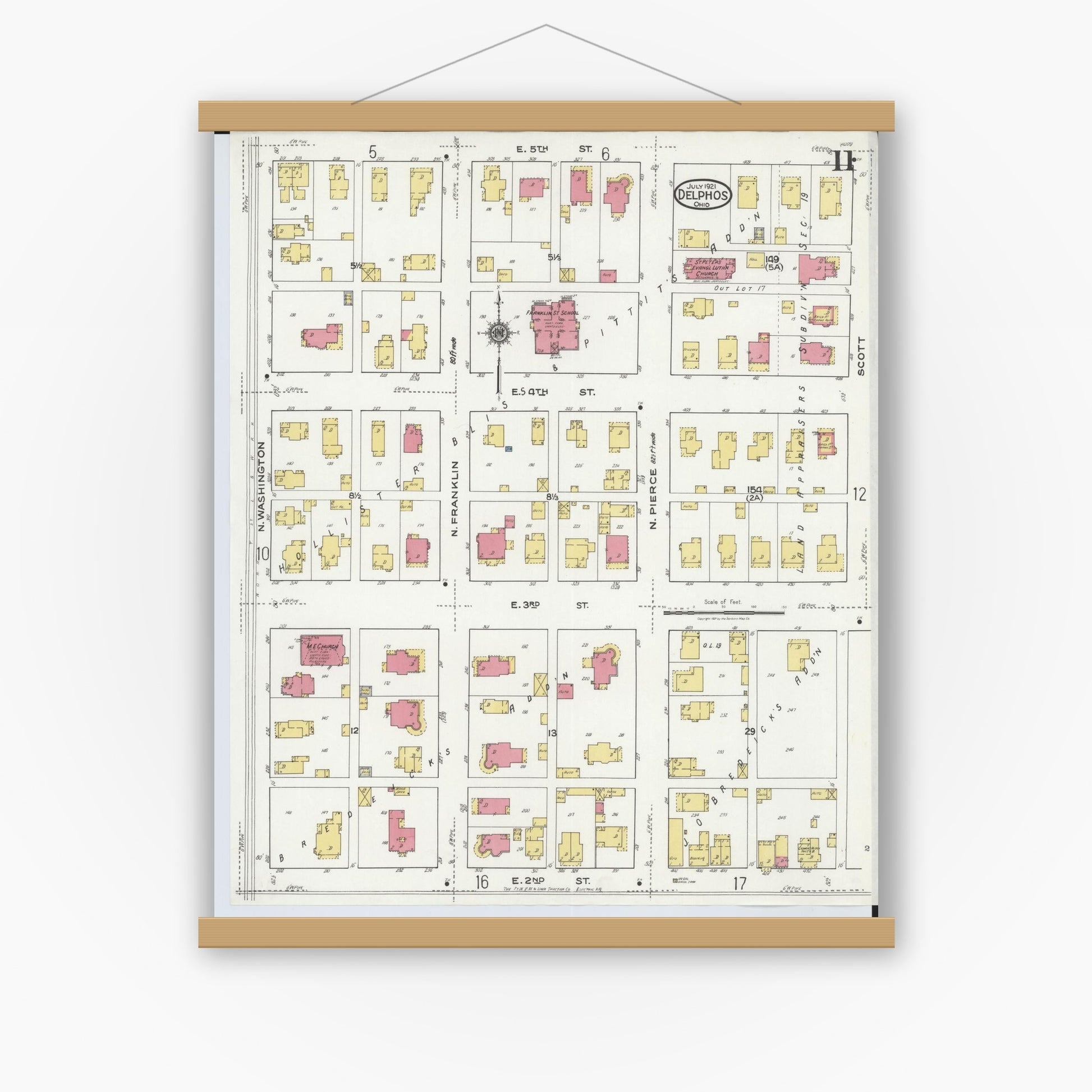 Old map wall art mockup — magnetic wood frame on white wall — Sanborn Fire Insurance Map from Delphos, Van Wert And Allen Counties, Ohio (1921), Sheet #0011