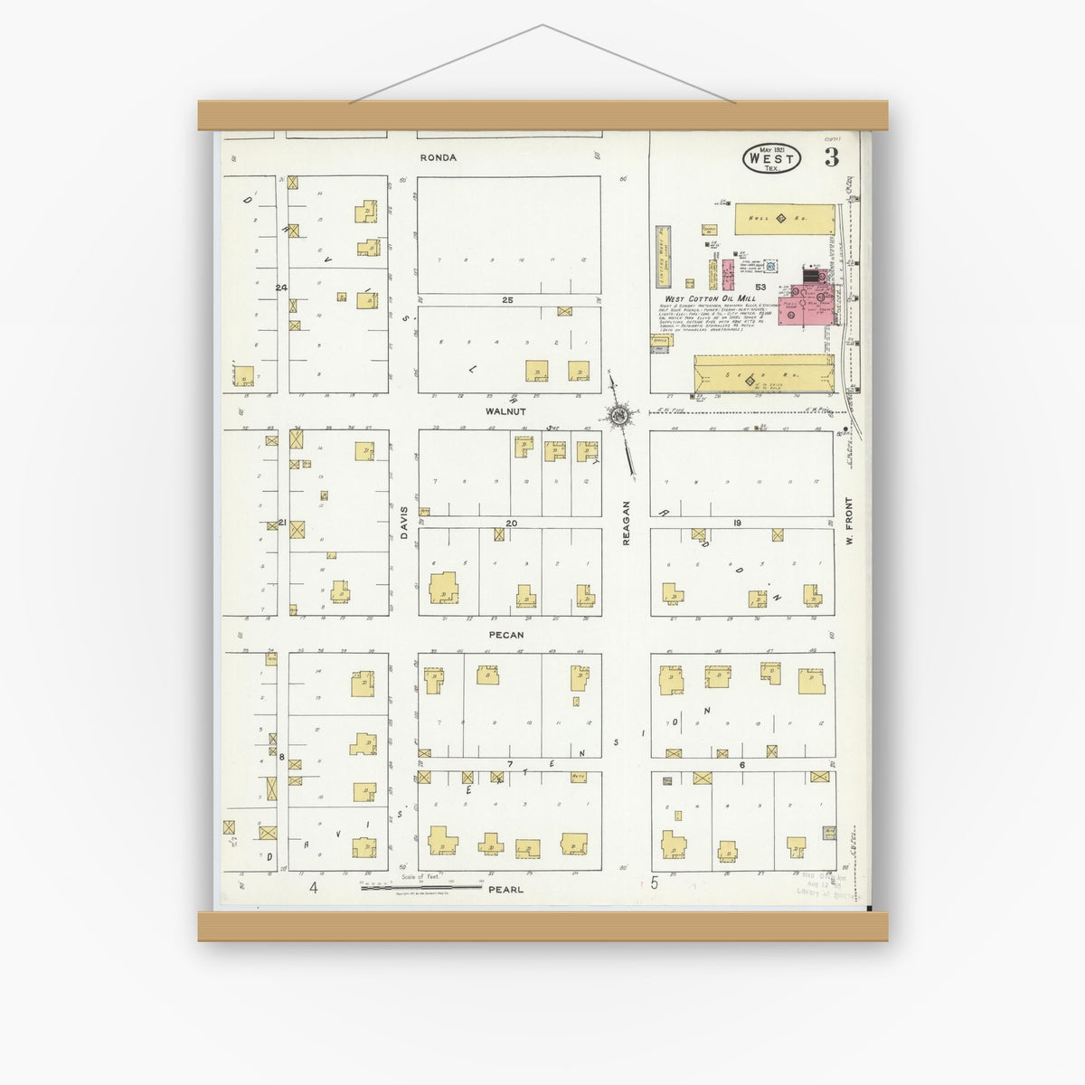 Old map wall art mockup — magnetic wood frame on white wall — Sanborn Fire Insurance Map from West, McLennan County, Texas (1921), Sheet #0003