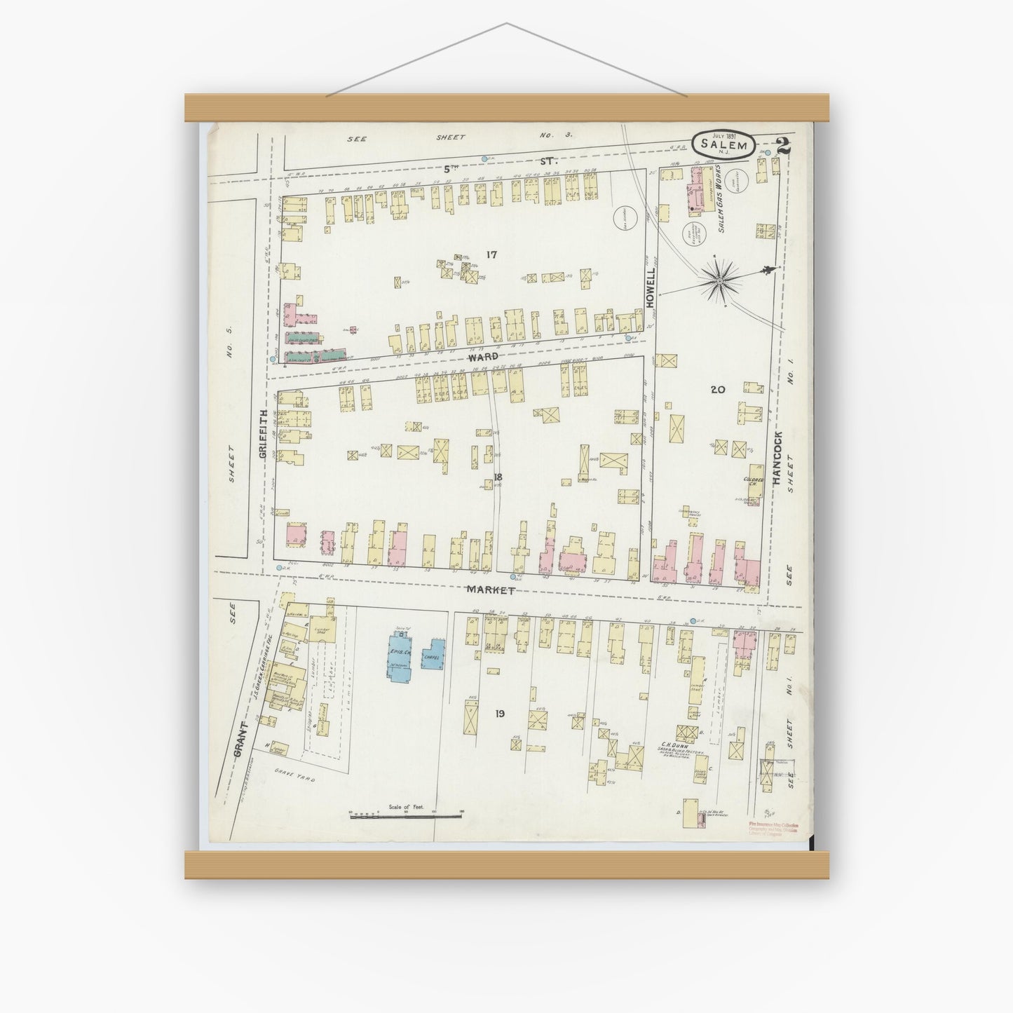 Old map wall art mockup — magnetic wood frame on white wall — Sanborn Fire Insurance Map from Salem, Salem County, New Jersey (1891), Sheet #0002