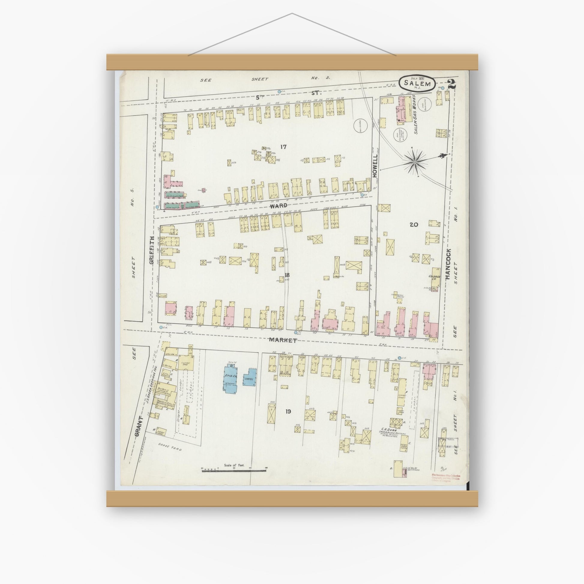 Old map wall art mockup — magnetic wood frame on white wall — Sanborn Fire Insurance Map from Salem, Salem County, New Jersey (1891), Sheet #0002