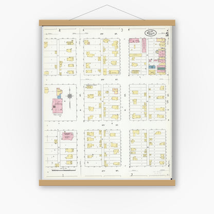 Old map wall art mockup — magnetic wood frame on white wall — Sanborn Fire Insurance Map from Wells, Faribault County, Minnesota (1909), Sheet #0005