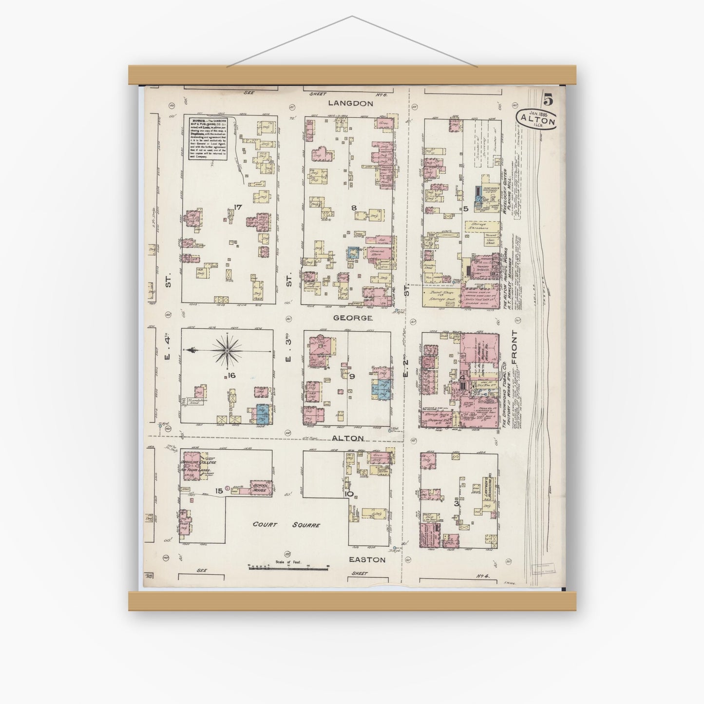 Old map wall art mockup — magnetic wood frame on white wall — Sanborn Fire Insurance Map from Alton, Madison County, Illinois (1885), Sheet #0005