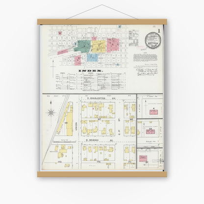 Old map wall art mockup — magnetic wood frame on white wall — Sanborn Fire Insurance Map from Mattoon, Coles County, Illinois (1892), Sheet #0001