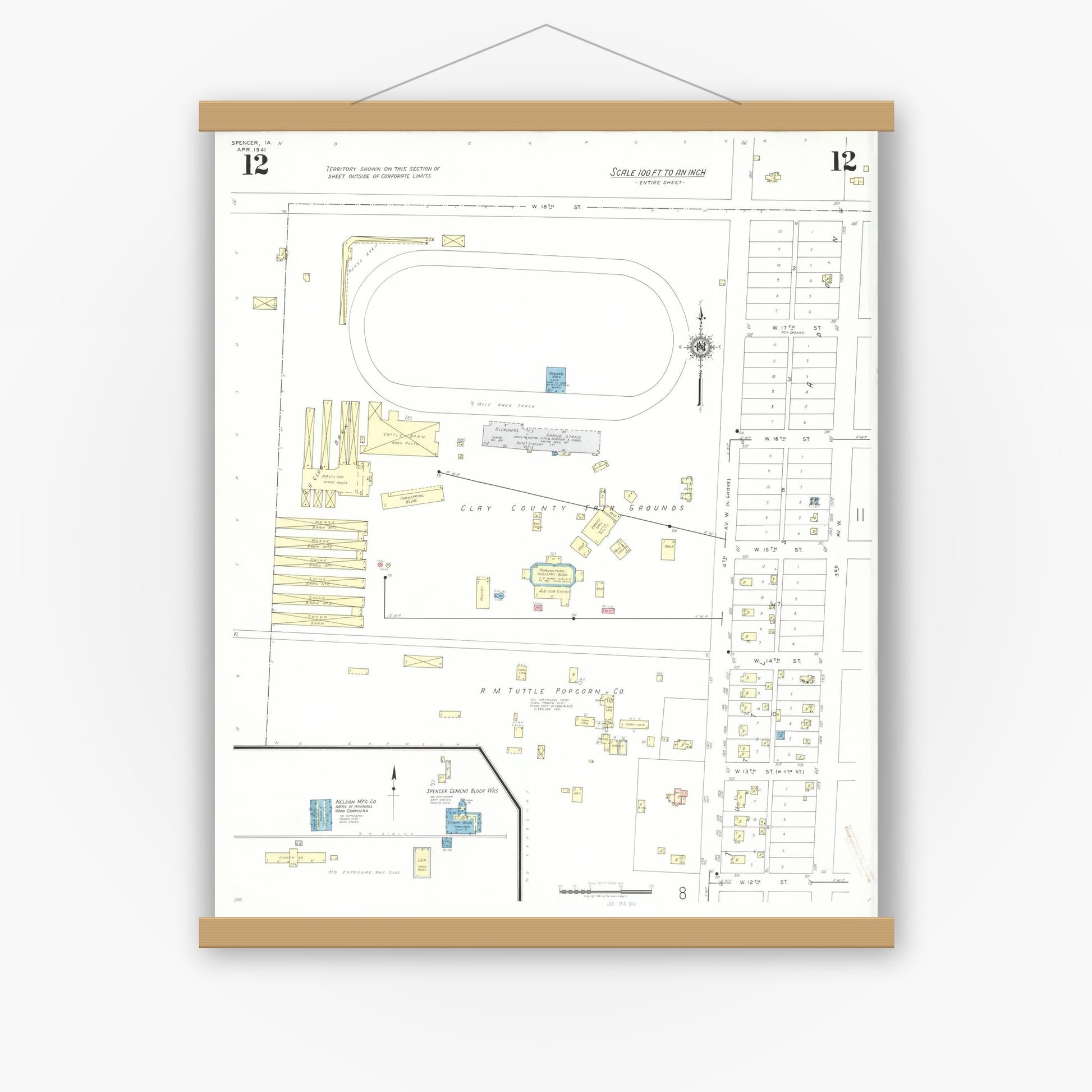 Old map wall art mockup — magnetic wood frame on white wall — Sanborn Fire Insurance Map from Spencer, Clay County, Iowa (1941), Sheet #0012