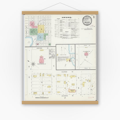 Old map wall art mockup — magnetic wood frame on white wall — Sanborn Fire Insurance Map from Morris, Stevens County, Minnesota (1896), Sheet #0001