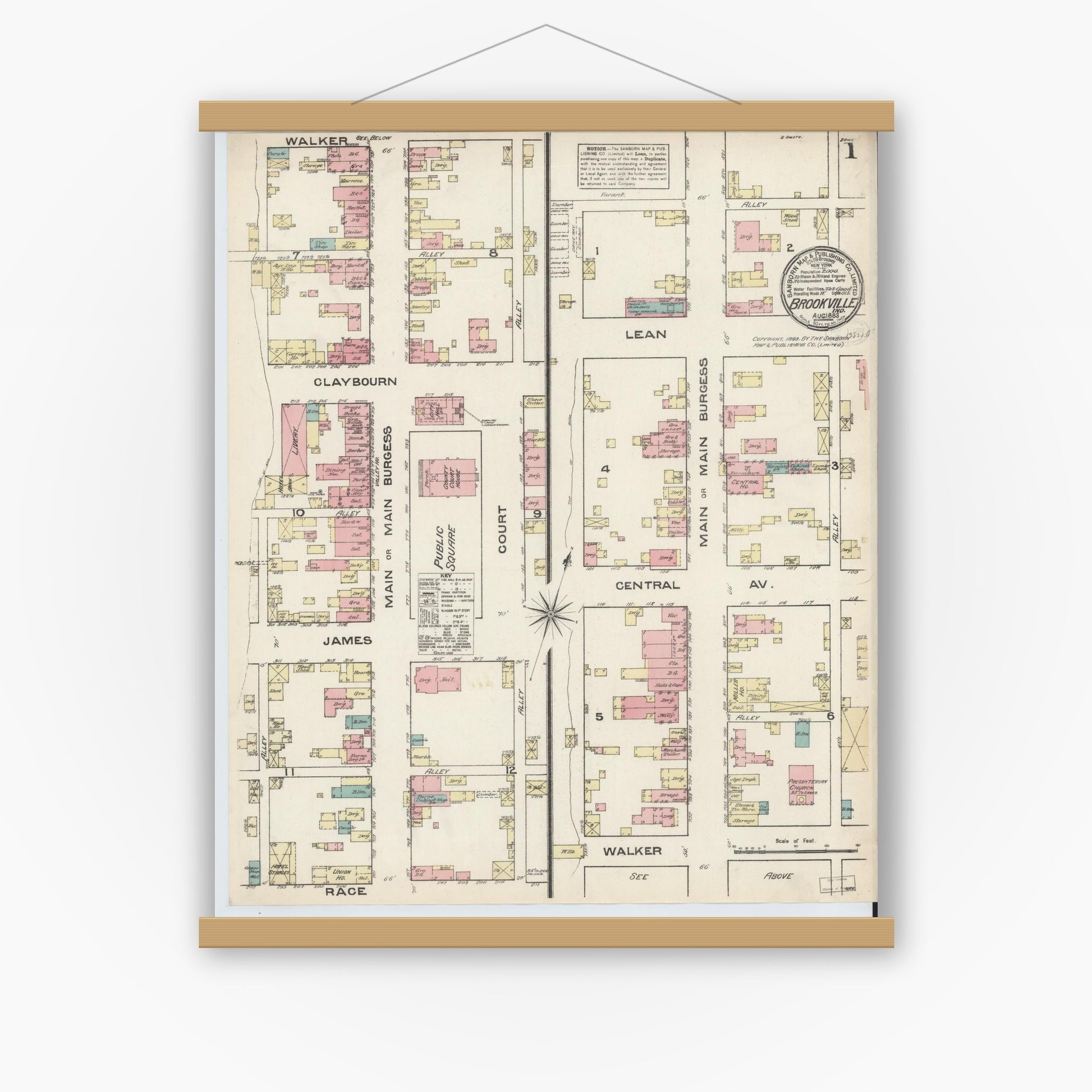 Old map wall art mockup — magnetic wood frame on white wall — Sanborn Fire Insurance Map from Brookville, Franklin County, Indiana (1883) - Complete Map Set