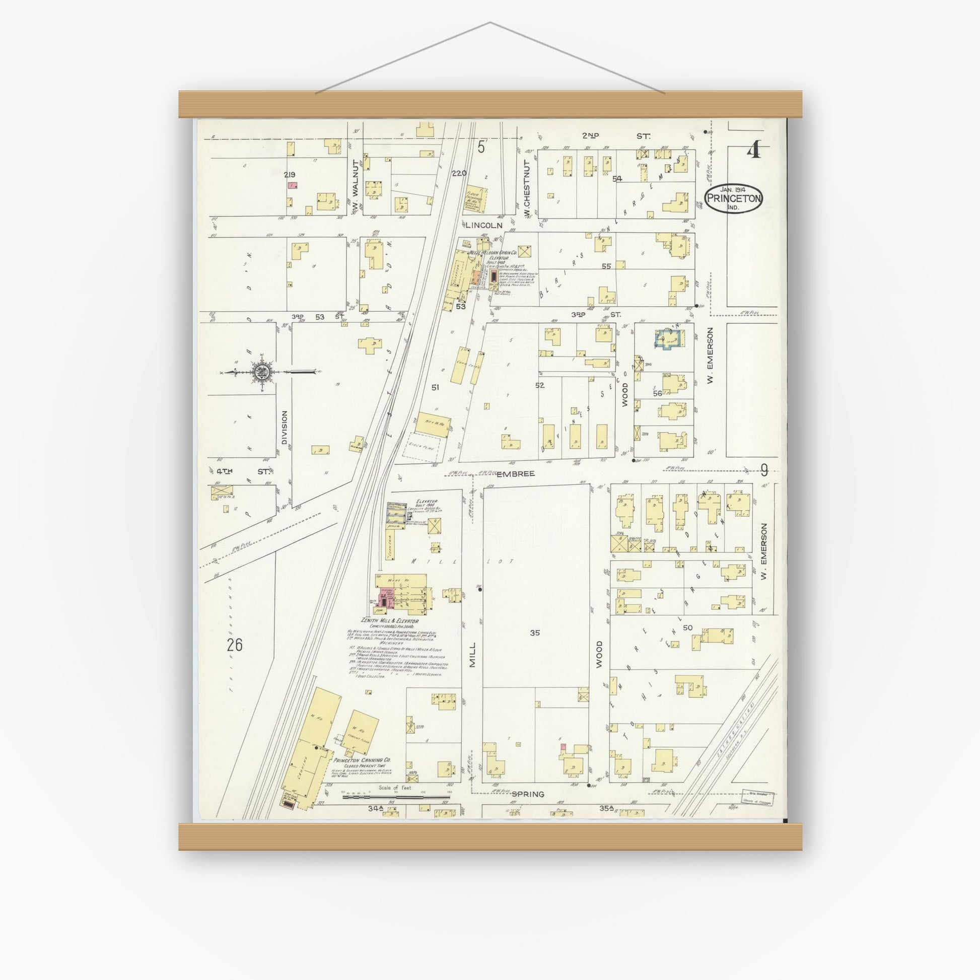 Old map wall art mockup — magnetic wood frame on white wall — Sanborn Fire Insurance Map from Princeton, Gibson County, Indiana (1914), Sheet #0004