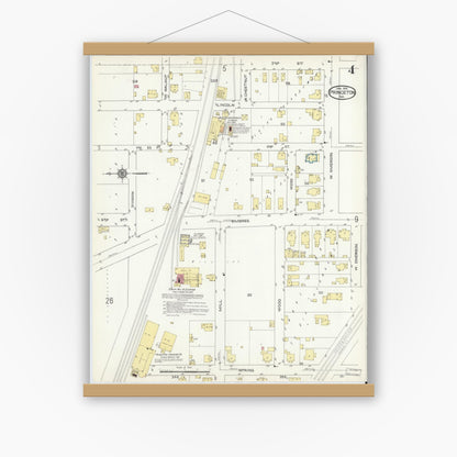 Old map wall art mockup — magnetic wood frame on white wall — Sanborn Fire Insurance Map from Princeton, Gibson County, Indiana (1914), Sheet #0004