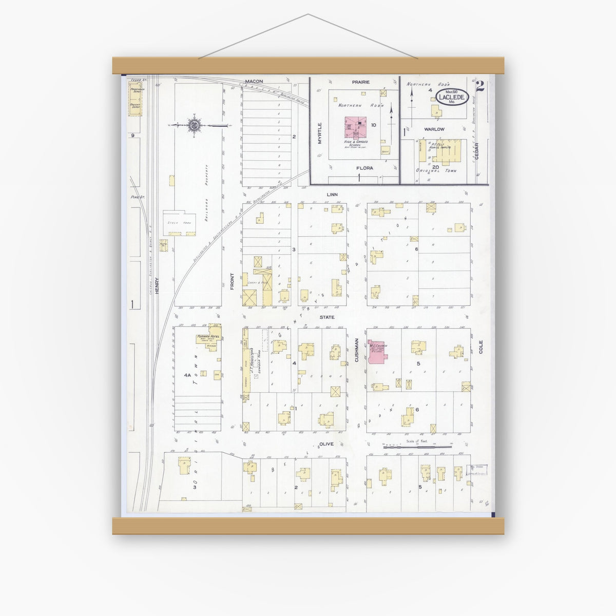 Old map wall art mockup — magnetic wood frame on white wall — Sanborn Fire Insurance Map from Laclede, Linn County, Missouri (1910), Sheet #0002