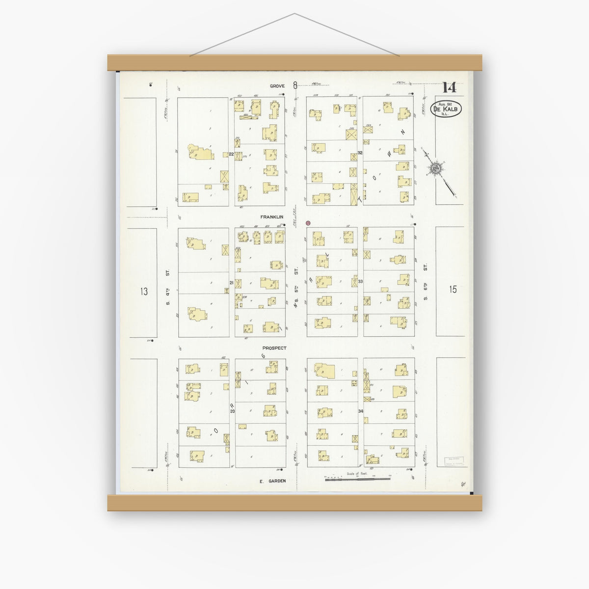 Old map wall art mockup — magnetic wood frame on white wall — Sanborn Fire Insurance Map from De Kalb, De Kalb County, Illinois (1912), Sheet #0014