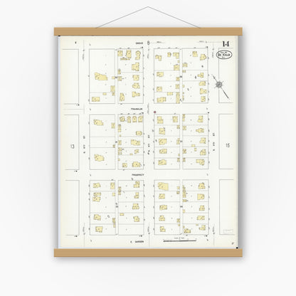 Old map wall art mockup — magnetic wood frame on white wall — Sanborn Fire Insurance Map from De Kalb, De Kalb County, Illinois (1912), Sheet #0014