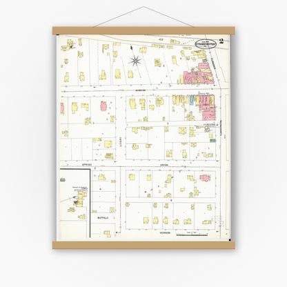Old map wall art mockup — magnetic wood frame on white wall — Sanborn Fire Insurance Map from Strawberry Point, Clayton County, Iowa (1902), Sheet #0002