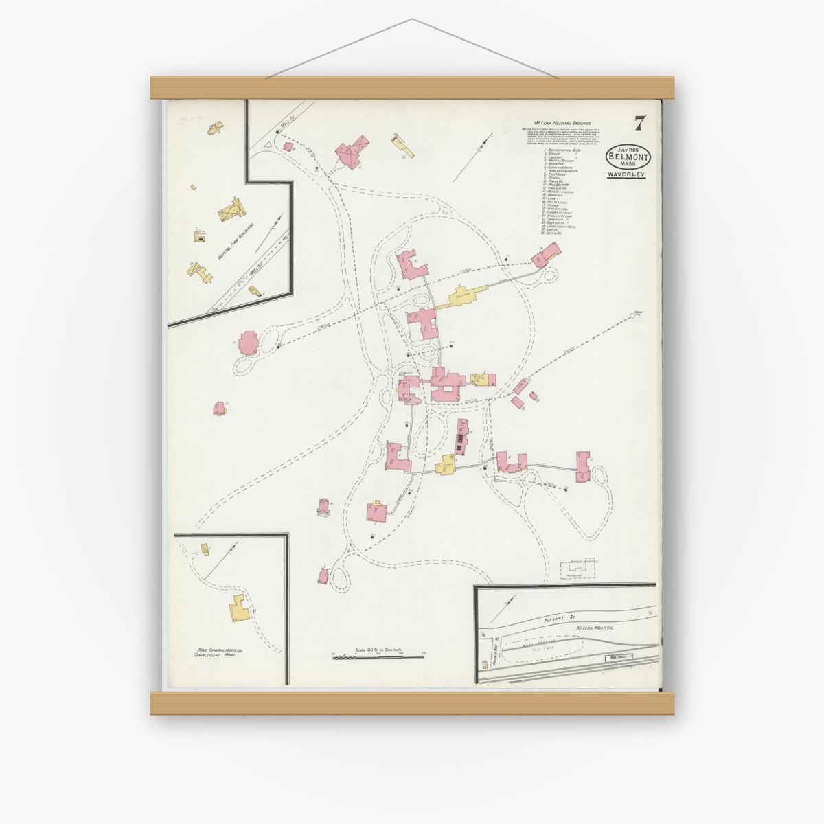 Old map wall art mockup — magnetic wood frame on white wall — Sanborn Fire Insurance Map from Belmont, Middlesex County, Massachusetts (1905), Sheet #0007
