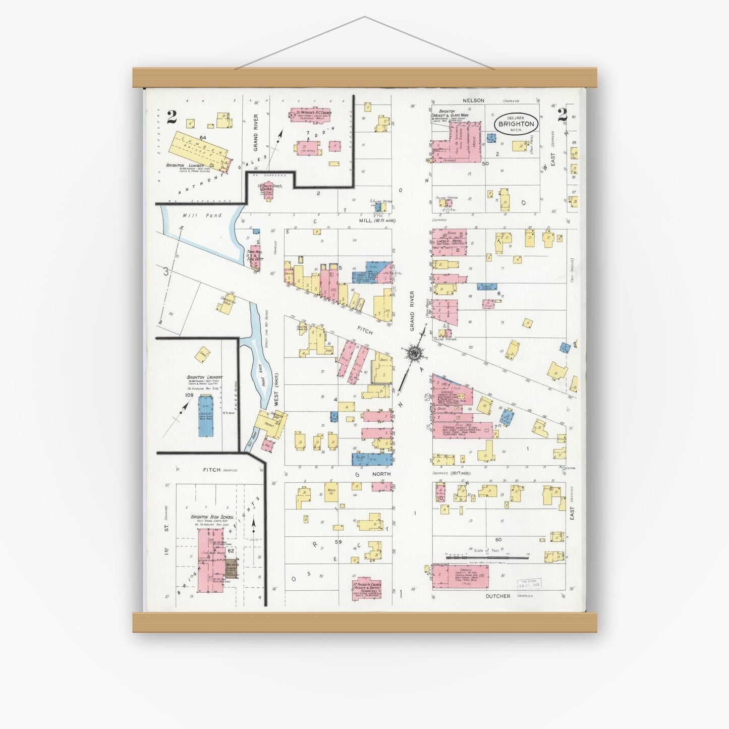 Old map wall art mockup — magnetic wood frame on white wall — Sanborn Fire Insurance Map from Brighton, Livingston County, Michigan (1928), Sheet #0002
