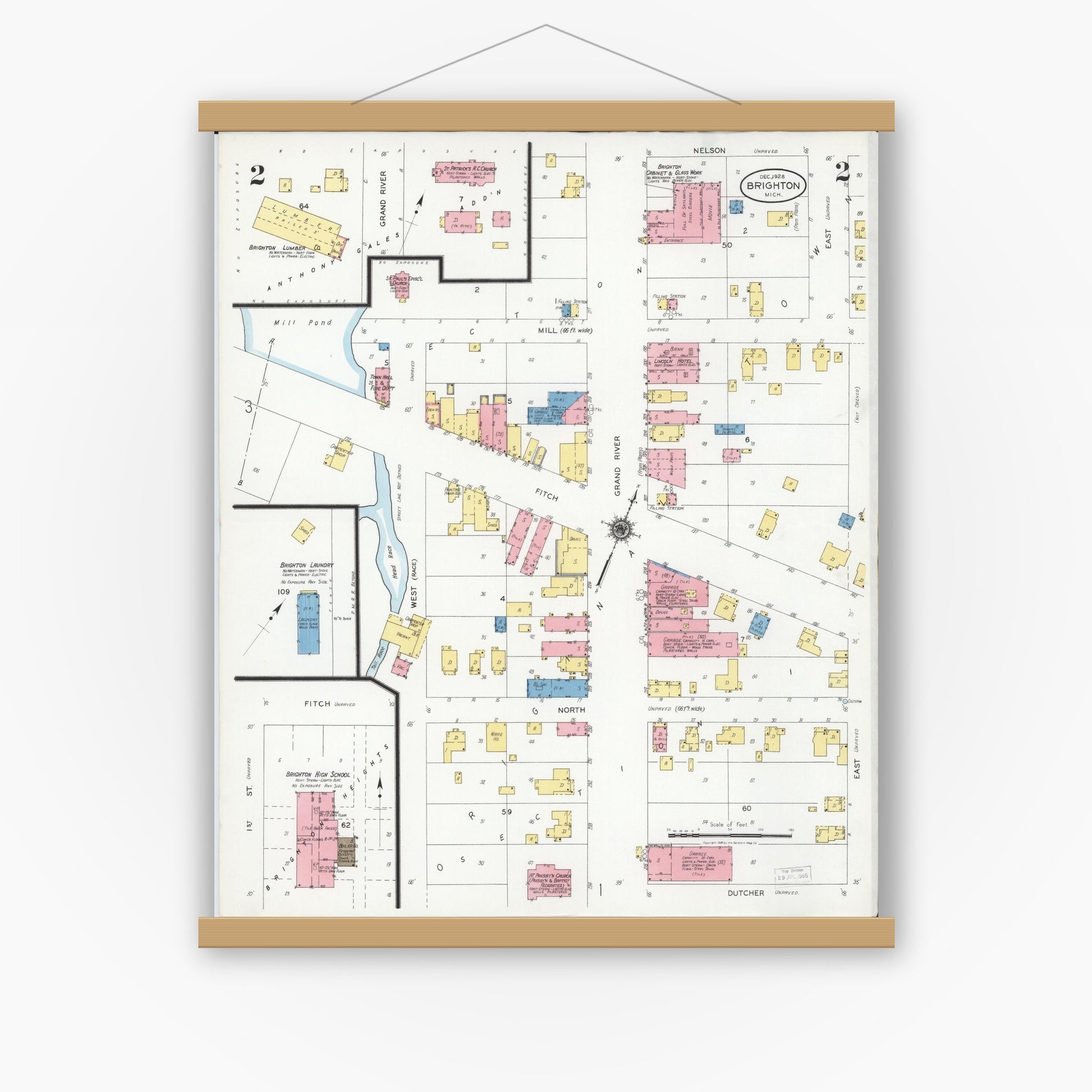 Old map wall art mockup — magnetic wood frame on white wall — Sanborn Fire Insurance Map from Brighton, Livingston County, Michigan (1928), Sheet #0002