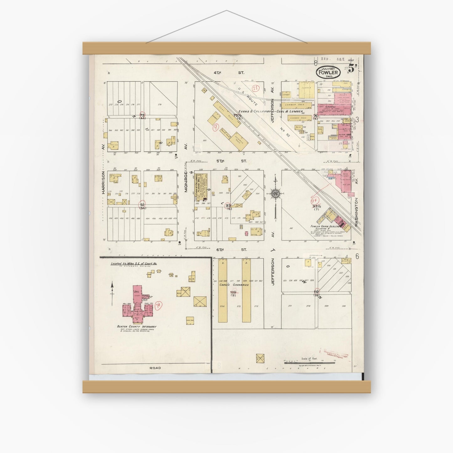 Old map wall art mockup — magnetic wood frame on white wall — Sanborn Fire Insurance Map from Fowler, Benton County, Indiana (1932), Sheet #0005