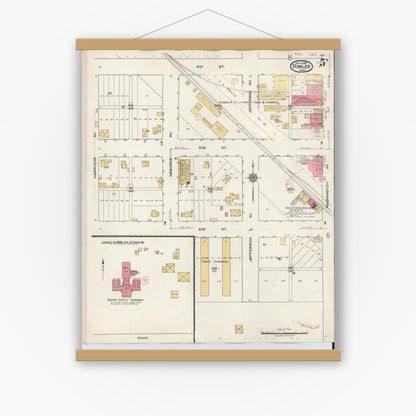 Old map wall art mockup — magnetic wood frame on white wall — Sanborn Fire Insurance Map from Fowler, Benton County, Indiana (1932), Sheet #0005