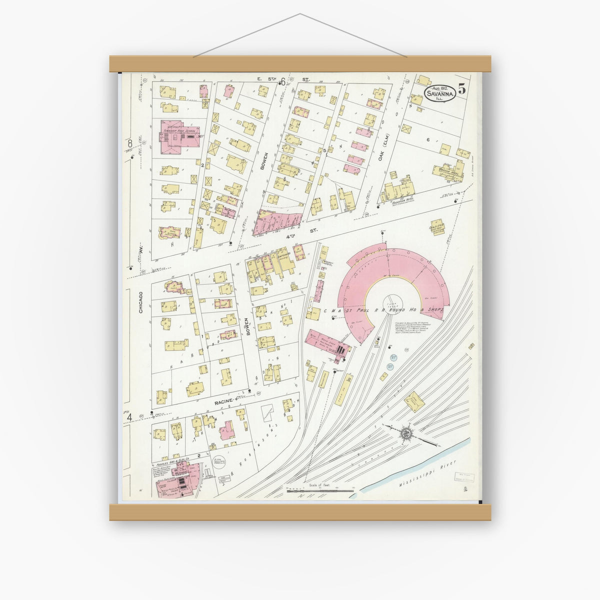 Old map wall art mockup — magnetic wood frame on white wall — Sanborn Fire Insurance Map from Savanna, Carroll County, Illinois (1912), Sheet #0005