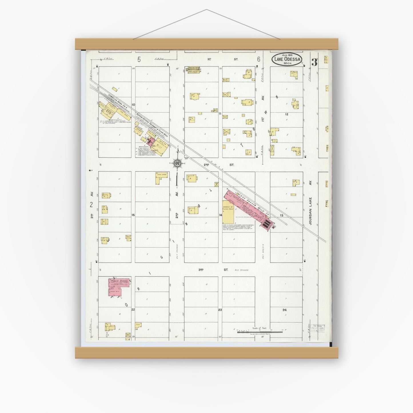 Old map wall art mockup — magnetic wood frame on white wall — Sanborn Fire Insurance Map from Lake Odessa, Ionia County, Michigan (1918), Sheet #0003