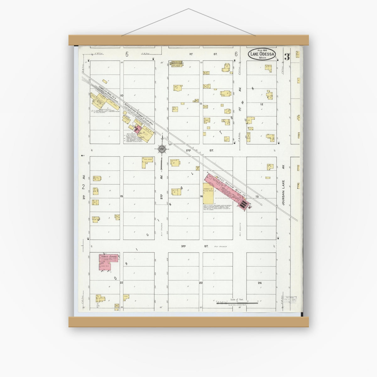 Old map wall art mockup — magnetic wood frame on white wall — Sanborn Fire Insurance Map from Lake Odessa, Ionia County, Michigan (1918), Sheet #0003