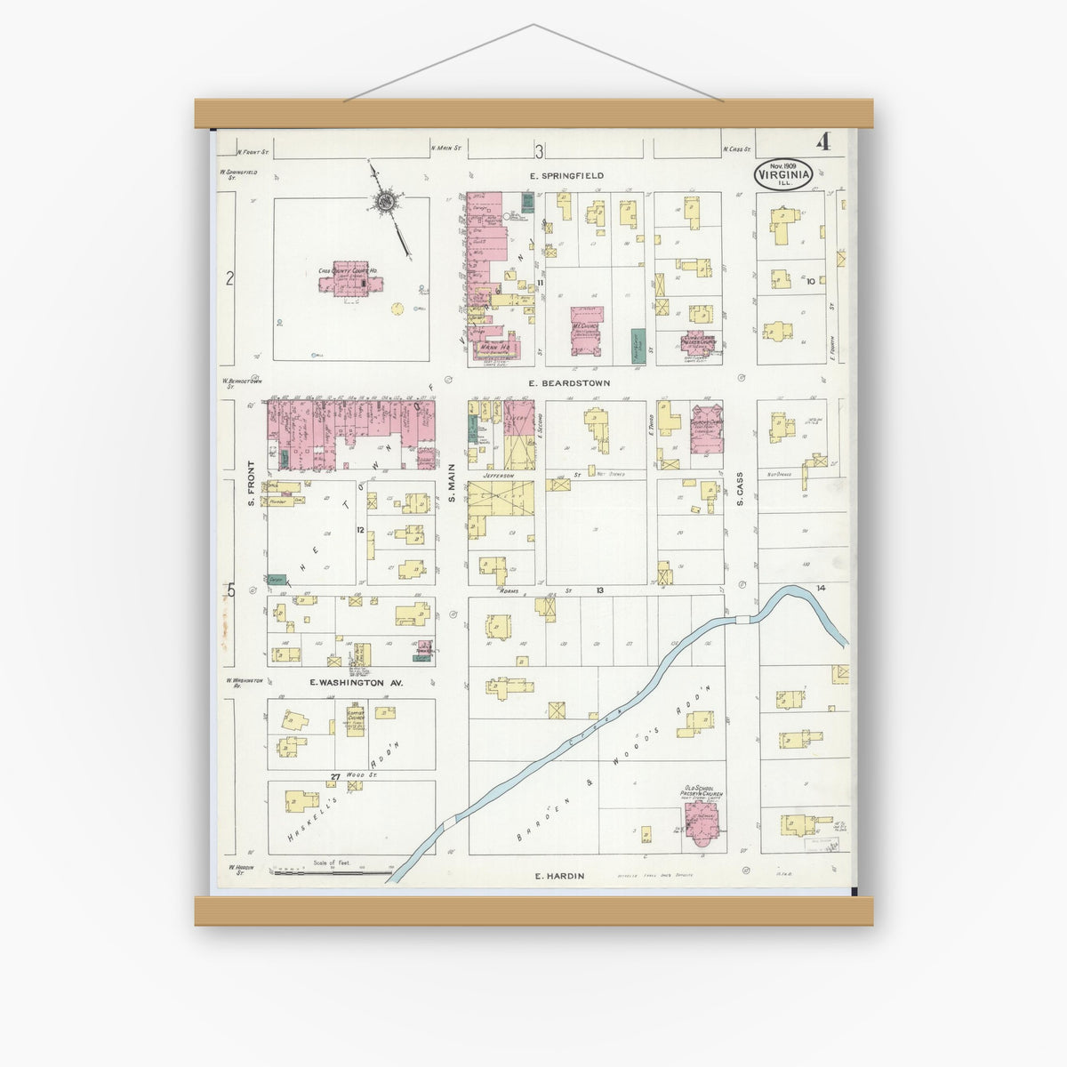 Old map wall art mockup — magnetic wood frame on white wall — Sanborn Fire Insurance Map from Virginia, Cass County, Illinois (1909), Sheet #0004