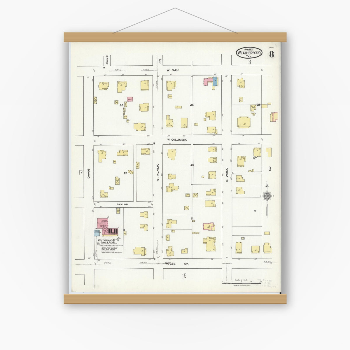 Old map wall art mockup — magnetic wood frame on white wall — Sanborn Fire Insurance Map from Weatherford, Parker County, Texas (1921), Sheet #0008