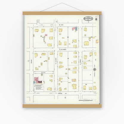 Old map wall art mockup — magnetic wood frame on white wall — Sanborn Fire Insurance Map from Weatherford, Parker County, Texas (1921), Sheet #0008