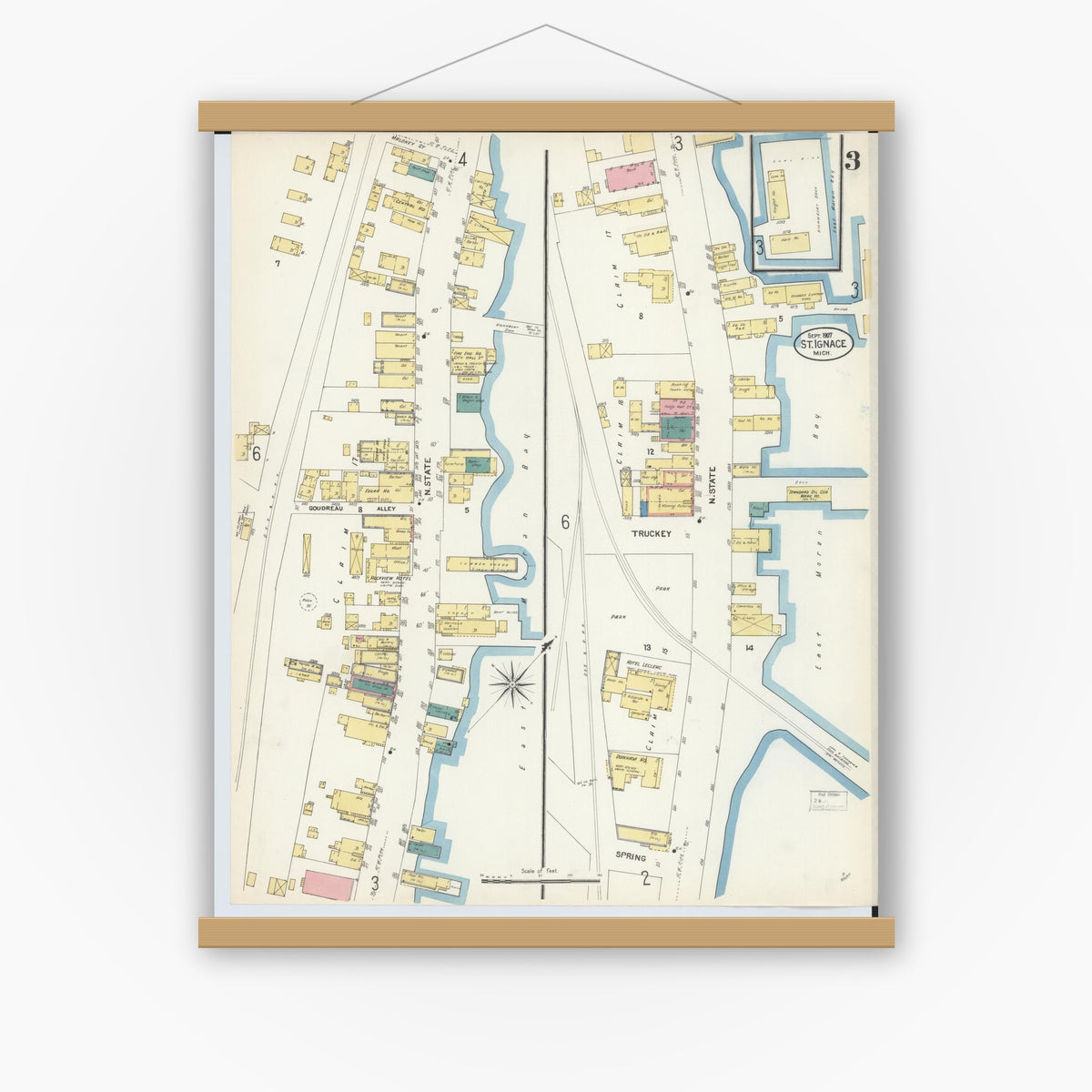 Old map wall art mockup — magnetic wood frame on white wall — Sanborn Fire Insurance Map from Saint Ignace, Mackinac County, Michigan (1907), Sheet #0003